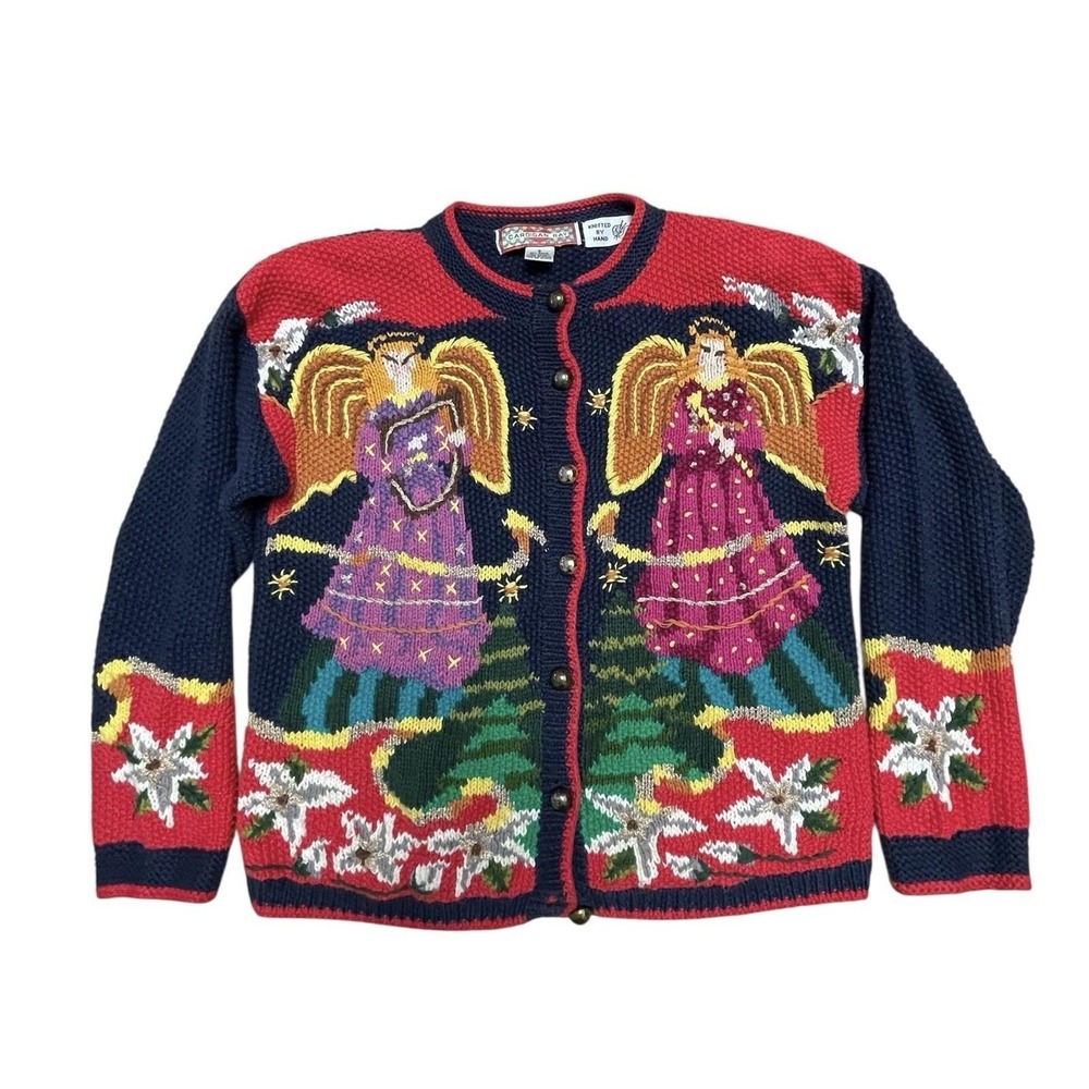 Vintage Angel Christmas Sweater Cardigan Womens S Navy Blue Hand Knitted Chunky